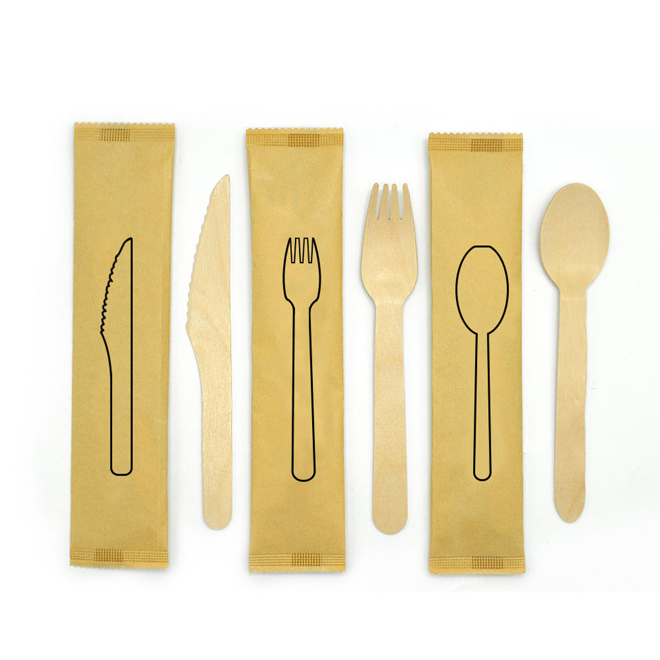 Individually Wrapped wooden cutlery Paper Bag