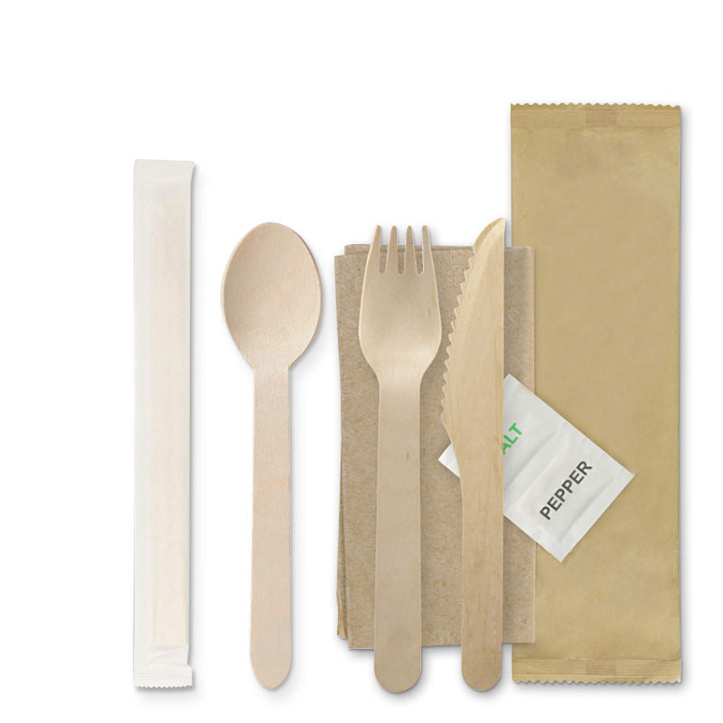 6 in 1 Wrapped Disposable Wooden Cutlery Set