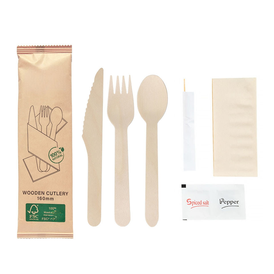 6 in 1 Wrapped Disposable Wooden Cutlery Set