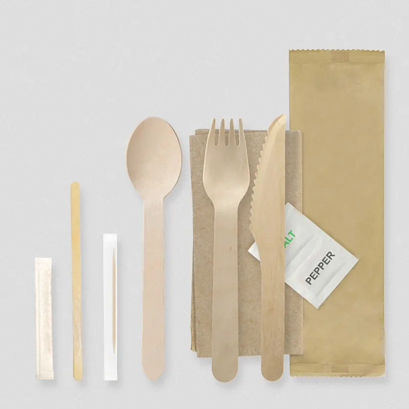 8 in 1 Wrapped Disposable Wooden Cutlery Set