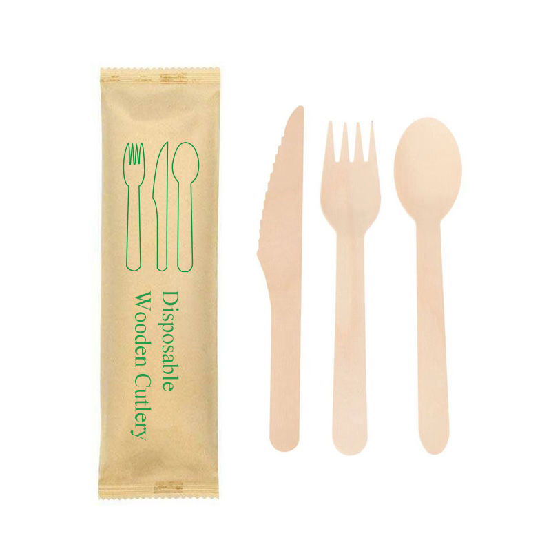 3 in 1 Wrapped Disposable Wooden Cutlery Set