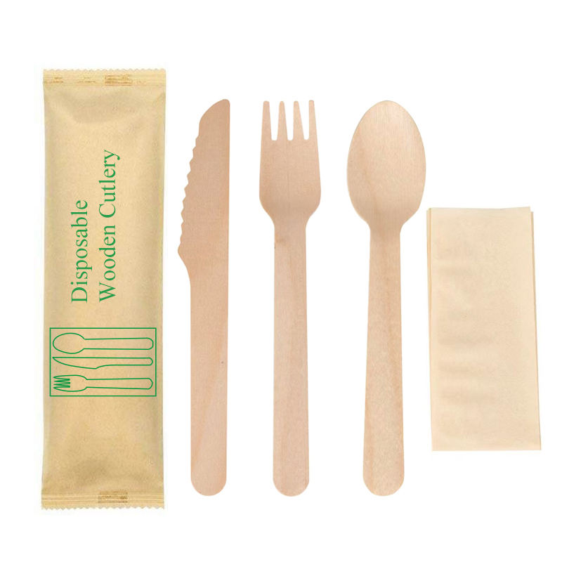 4 in 1 Wrapped Disposable Wooden Cutlery Set