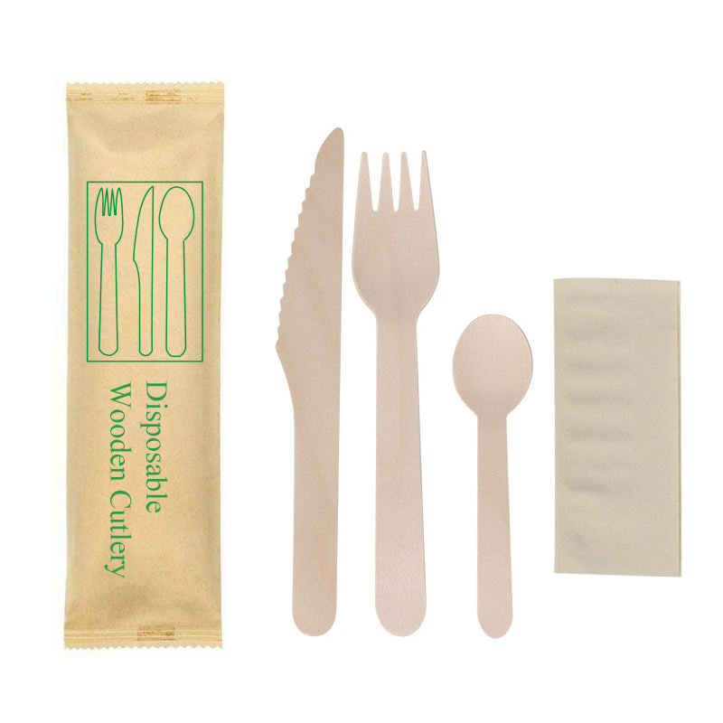 4 in 1 Wrapped Disposable Wooden Cutlery Set