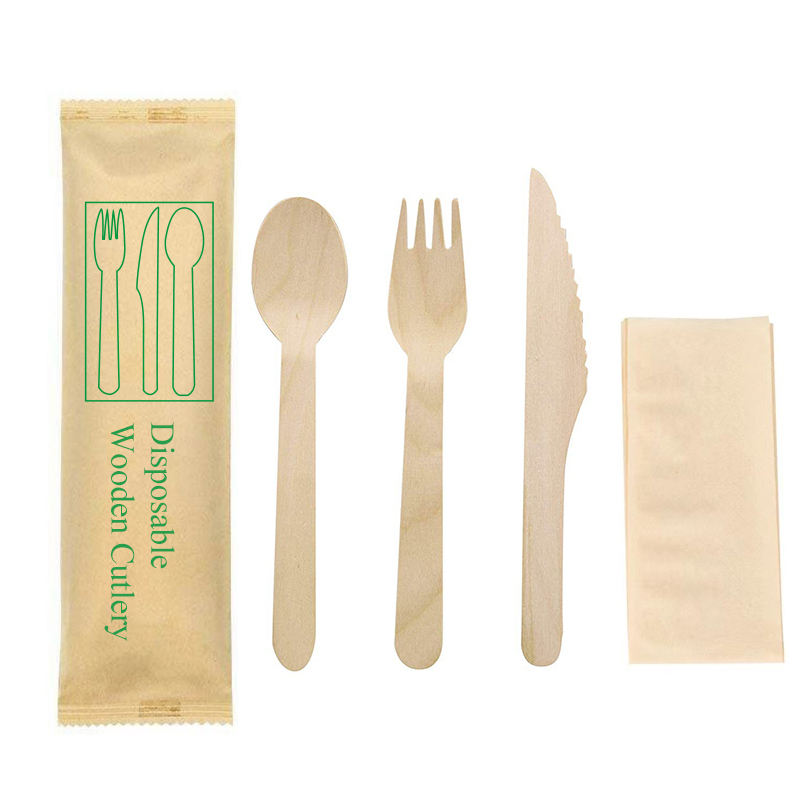 4 in 1 Wrapped Disposable Wooden Cutlery Set